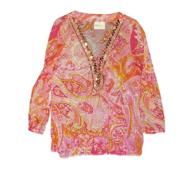 Beach by Exist Tops - Beach by Exist Pink Paisley Tunic Top, Embellished Neckline, Women's Size M